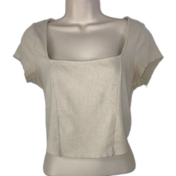 URBAN OUTFITTERS Crop Top Square Neck Cap Sleeves Ribbed Cream Womens Large - Picture 1 of 10